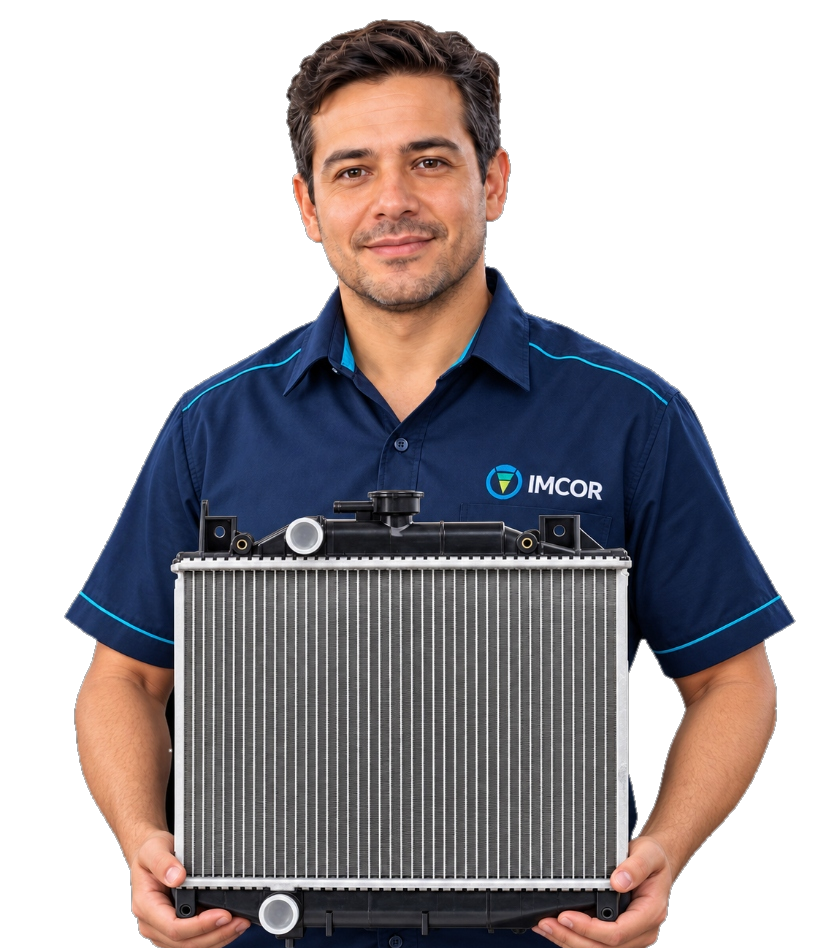 Especialista IMCOR sosteniendo radiador automotriz